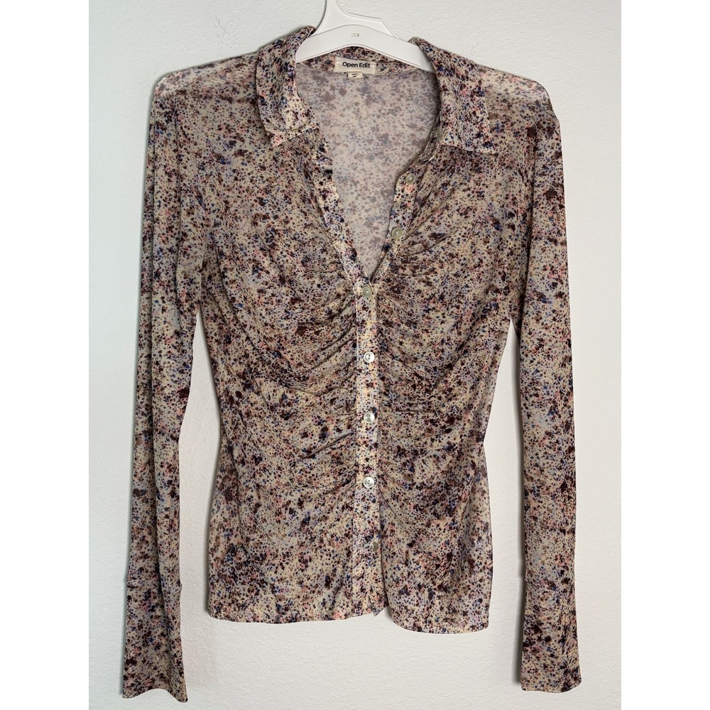Open Edit Womens Mesh Ruched Front Button Down Shirt‎ Multi Color Abstract M